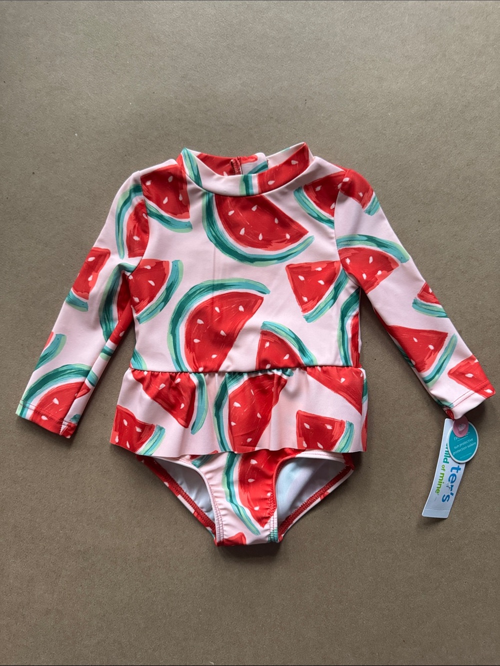 NWT Baby 0-3 Pink & Red Watermelon Ruffle Long-Sleeve One-Piece Swimsuit UPF 50